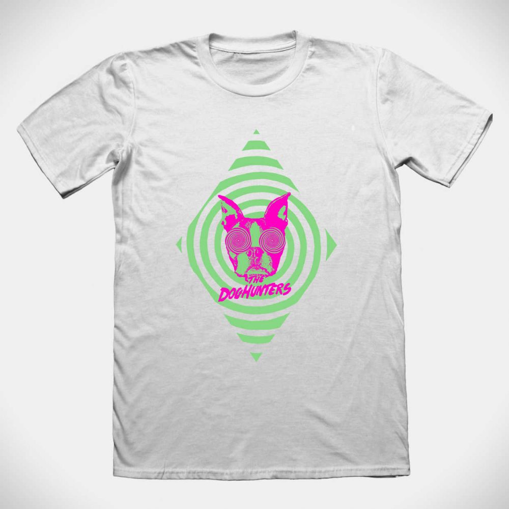 Weißes Band T-Shirt mit DogHunters Logo in Grün/Pink